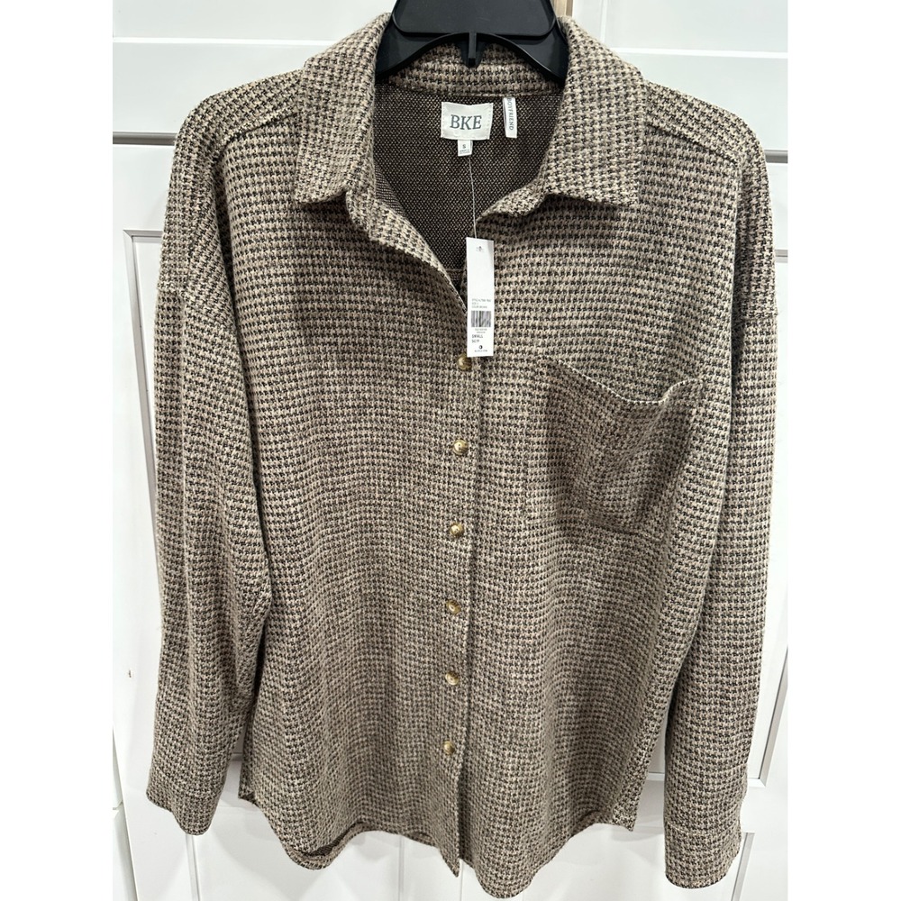 BKE Boyfriend Brown Houndstooth Knit Button Down Shirt Small A1750B-7830